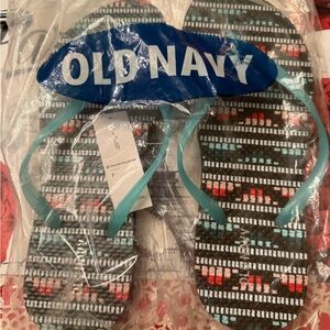 Old Navy Black & Teal Patterned Flip Flops